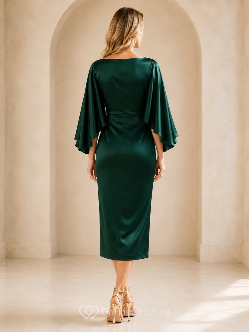 Dark Green Bateau Cape Sleeve Satin Sheath Tea-Length Wedding Guest Dress view 2