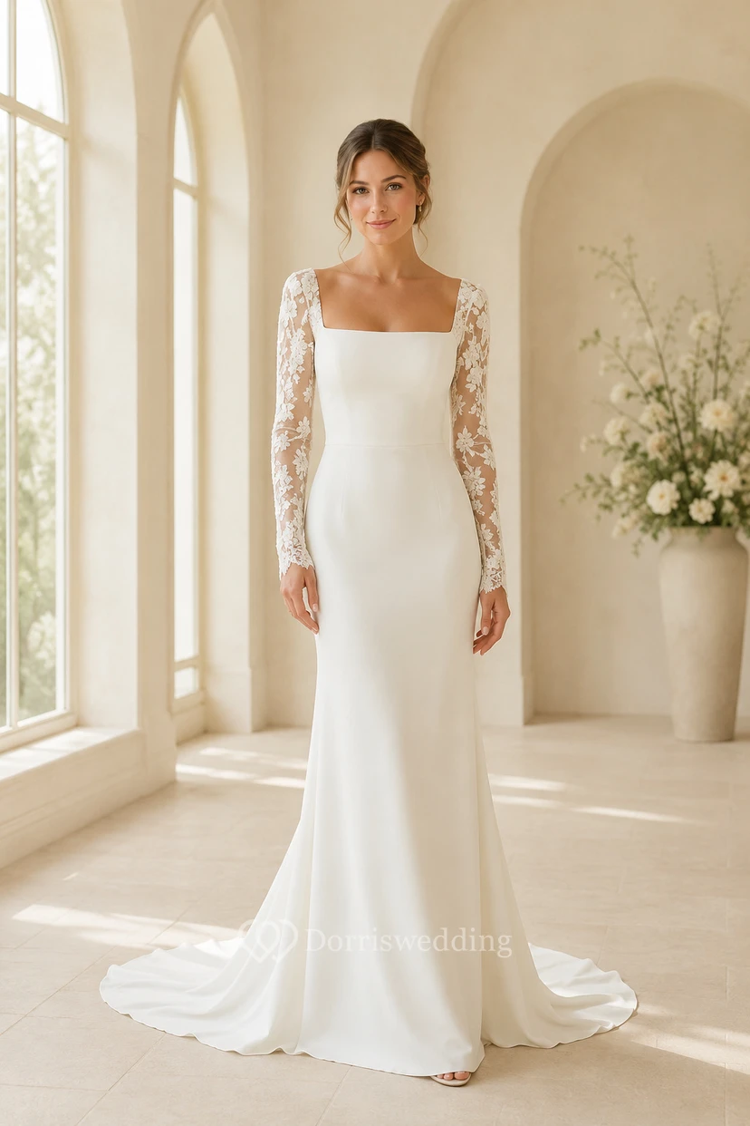 Elegantes Brautkleid aus Satin mit eckigem Ausschnitt und langen Spitzenärmeln