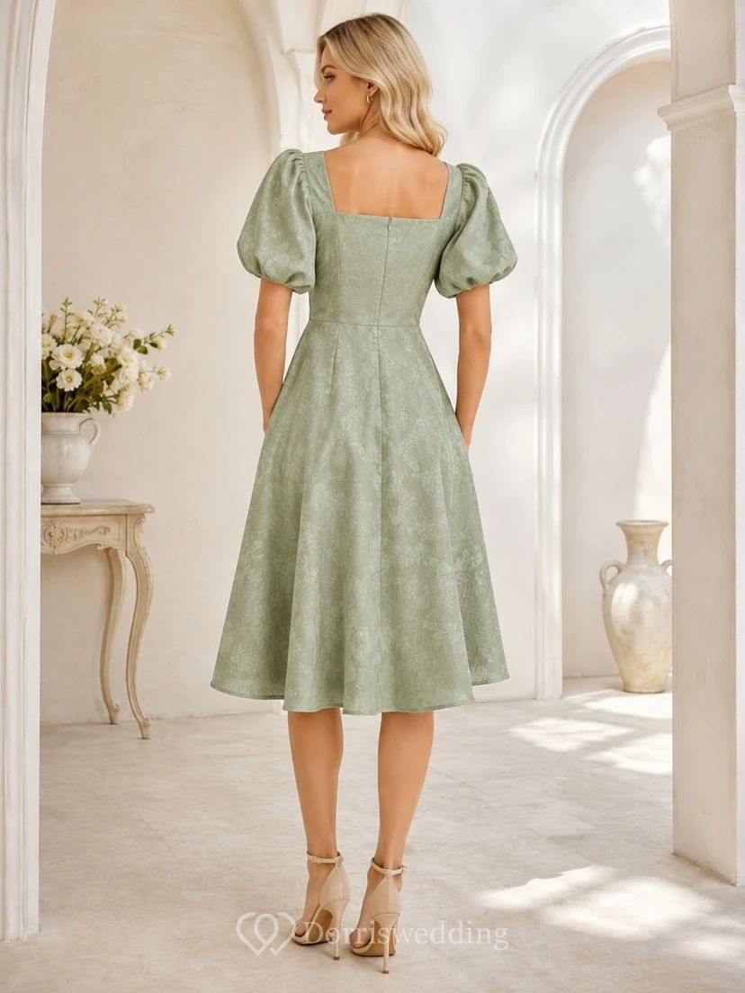Sage Square Short Sleeve Taffeta A-Line Tea-length Puff Vintage Dress view 2