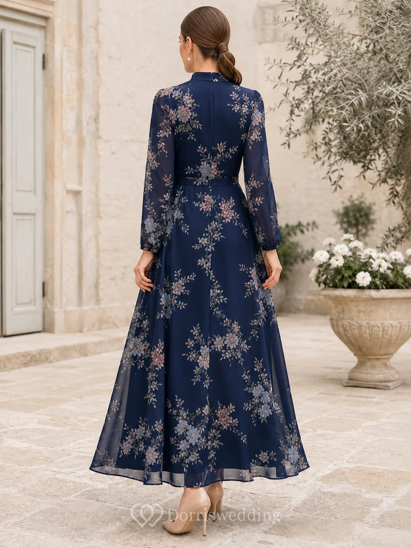 Dark Navy Floral High Neck Long Sleeve Ankle Guest Dress view 2
