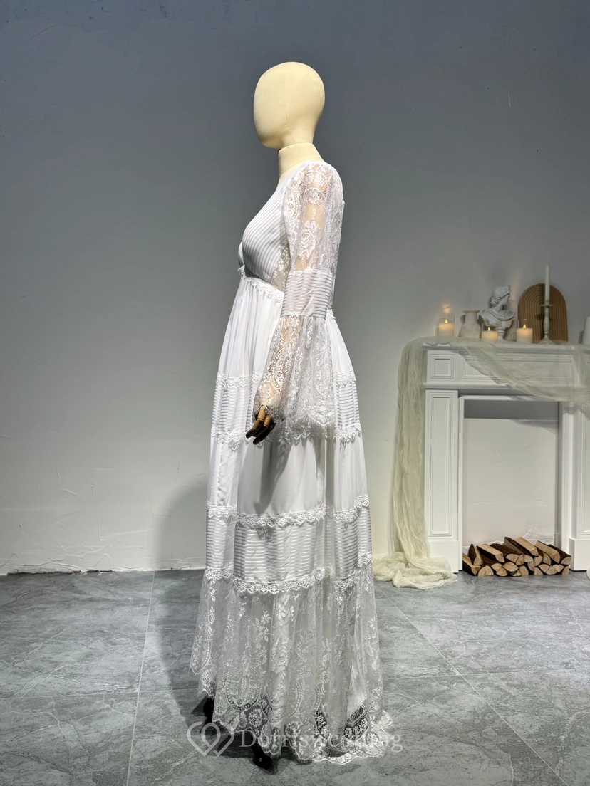 Boho-Chic-Strandhochzeitskleid mit Spitze, langen Ärmeln und tiefem V-Ausschnitt, langen Ärmeln und tiefem Rückenausschnitt view 8