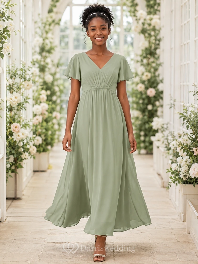 Celadonfarbenes Brautjungfernkleid für junge Damen, A-Linie, V-Ausschnitt, kurze Ärmel, plissiert