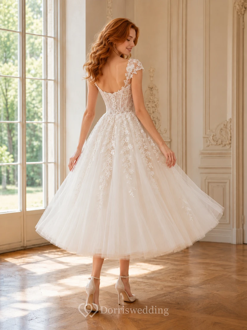 Vestido de novia de princesa hasta la rodilla, escote corazón, mangas cortas, encaje y tul, estilo jardín. view 2