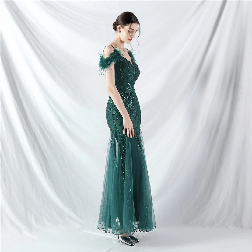 9-farbiges, handgefertigtes Abendkleid aus Kamelfedern, Netzstoff und Pailletten, sexy Trägern view 14