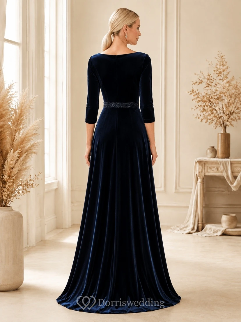 Dark Navy Elegant Square Velvet Three-Quarter-Sleeve A-Line Floor-Length Dress view 2
