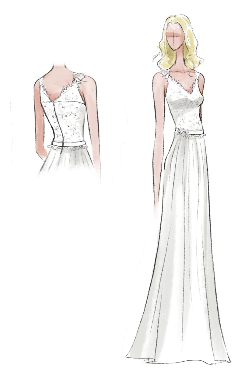 Langes Chiffon-Spitzenkleid zur Erneuerung des Eheversprechens mit Perlenblume view 4