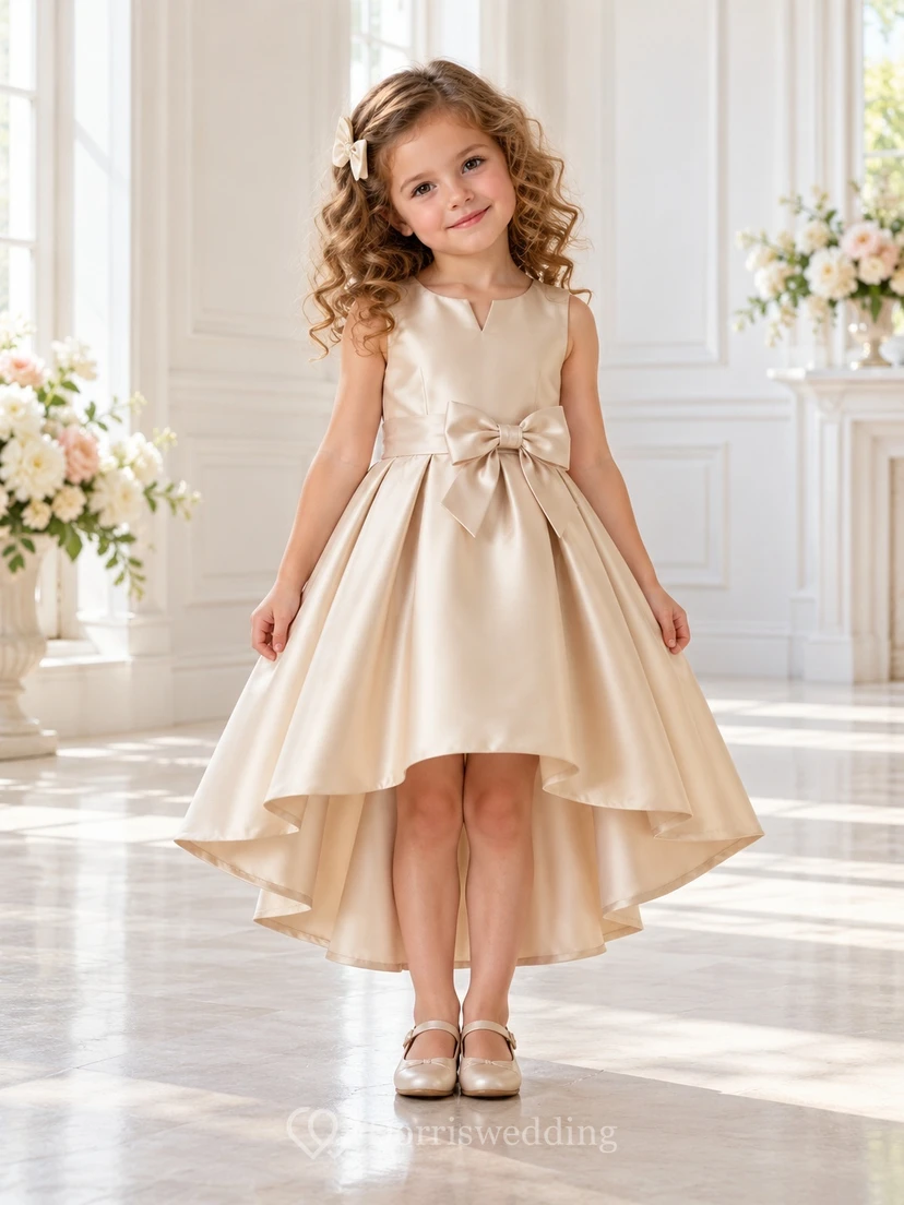 High-low Champagne Notched Neck Bow Waist Satin Flower Girl Dress