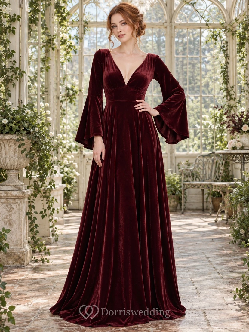 Langärmeliges, gotisches, burgunderrotes Samtkleid mit Glockenärmeln, V-Ausschnitt und fließendem, romantischem Schnitt – ein Brautjungfernkleid
