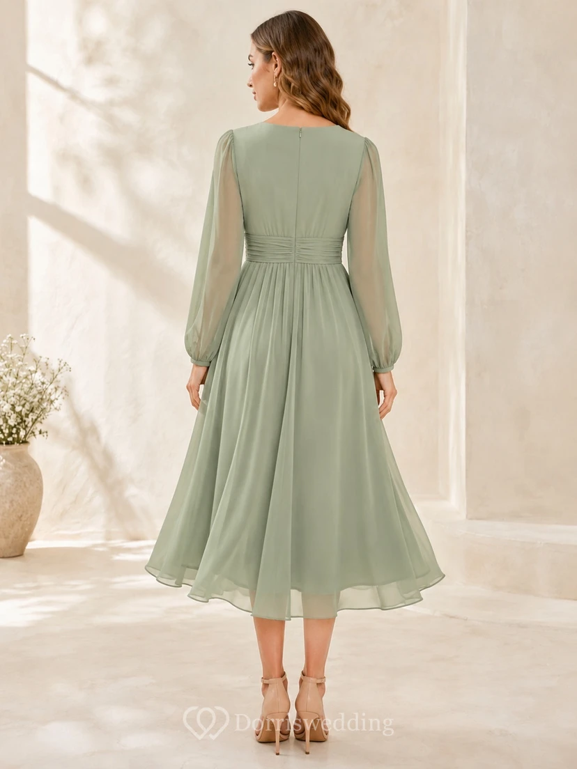 Sage Chiffon V-neck Long Sleeve A-Line Tea-length Romantic Elegant Country Garden Bridesmaid Dress view 2