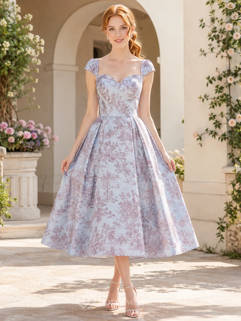 Robe de soirée bleue à fleurs, col carré, manches courtes, coupe trapèze, longueur thé