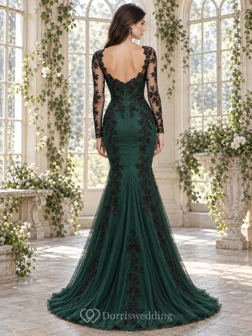 Vestido de dama de honor ajustado de encaje y tul gótico verde esmeralda con escote corazón y manga larga, estilo sirena. view 2