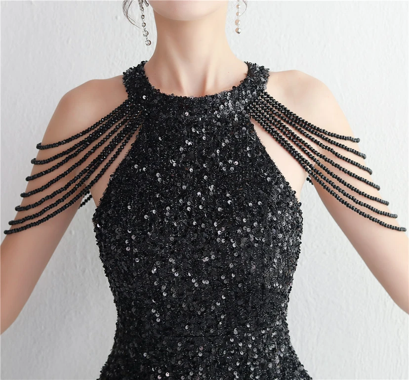 Heavy-Duty Glass Bead Craft Beaded Banquet Evening Dress Temperament Elegant Long Halter Neck Slit Sequins view 68