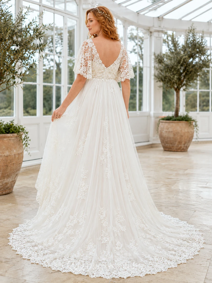 Maternity Wedding Dress Sweetheart Flutter Lace Sleeve Formal Bridal Gown with Train view 2