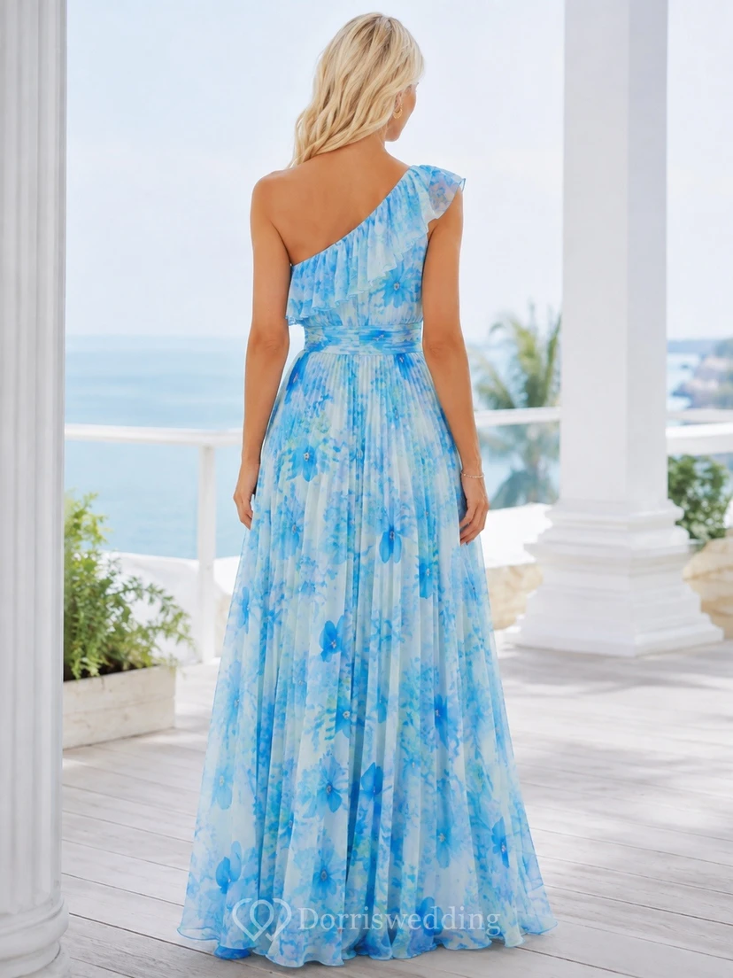 Sky Blue Floral Chiffon One-Shoulder Sleeveless Floor-Length A-Line Dress view 2