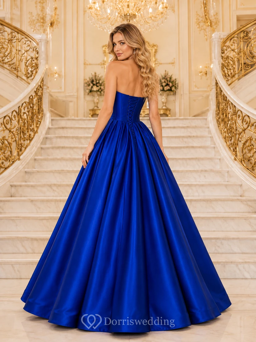 Royal blue strapless satin sweetheart ball gown prom dress view 2