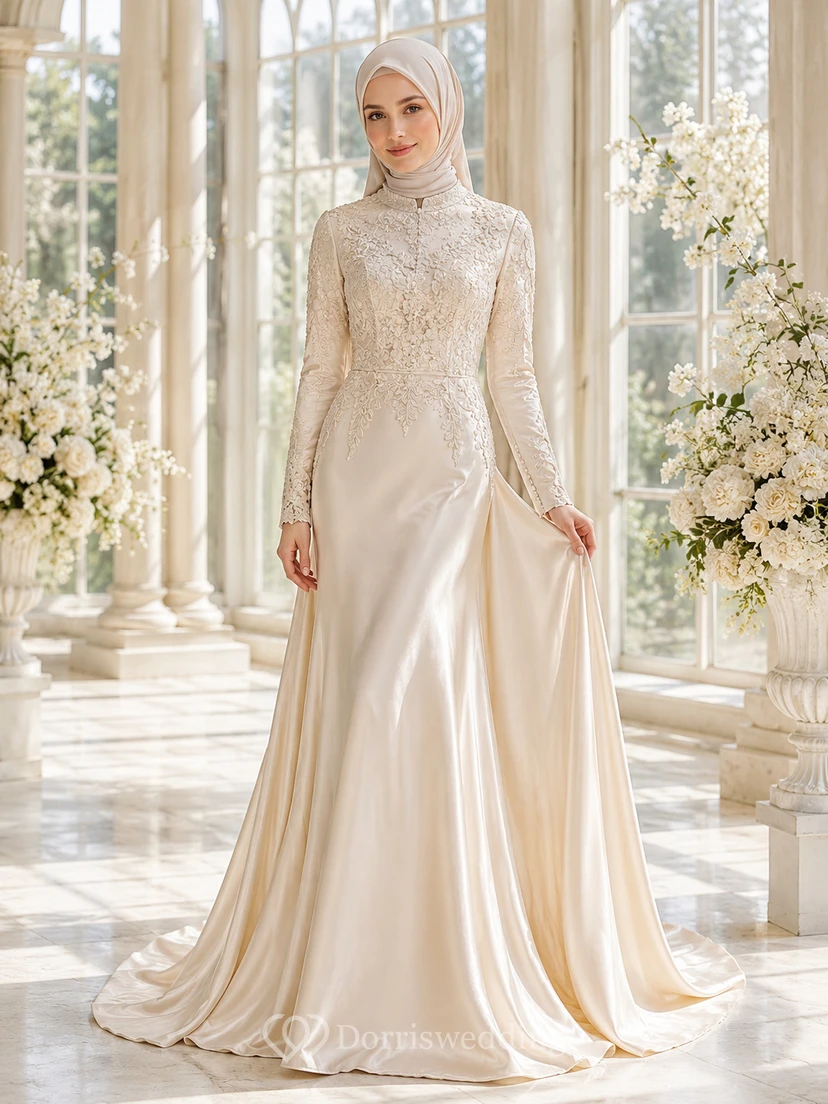 Petite Muslim Long Sleeve Lace Satin Sheath Wedding Dress