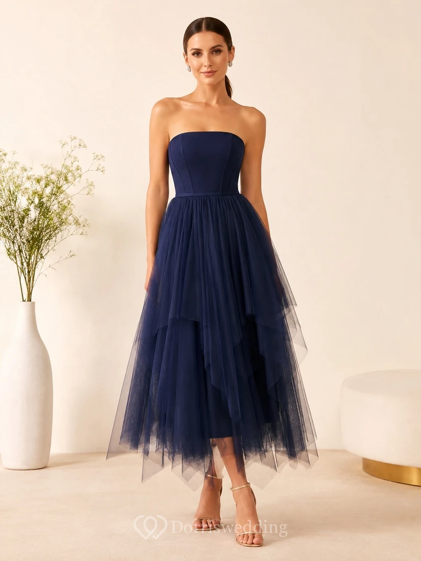 Dark Navy Strapless Tiered Asymmetrical Tulle Tea-Length A-Line Evening Dress