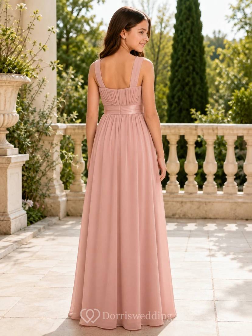 Elegantes, ärmelloses, champagnerfarbenes Chiffon-Brautjungfernkleid in A-Linie, bodenlang view 2