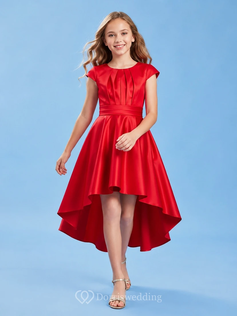 Red Square Neck Short Sleeve Satin High-Low Flowergirl Dress
