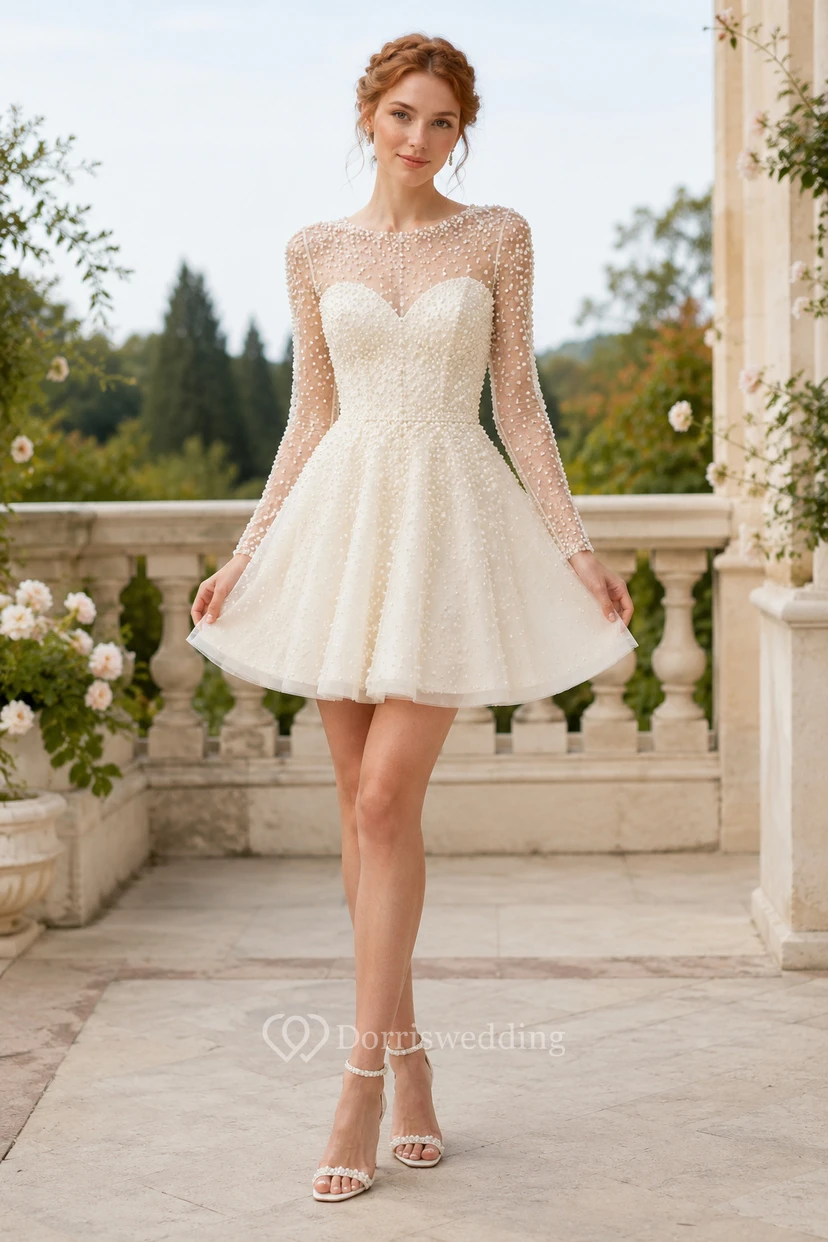 Robe de mariée mini en tulle à manches longues et corsage en dentelle