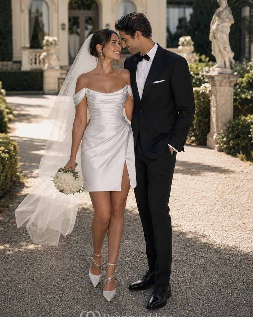 Robe de mariée mini en satin sexy à épaules dénudées, fente latérale et corsage froncé view 10
