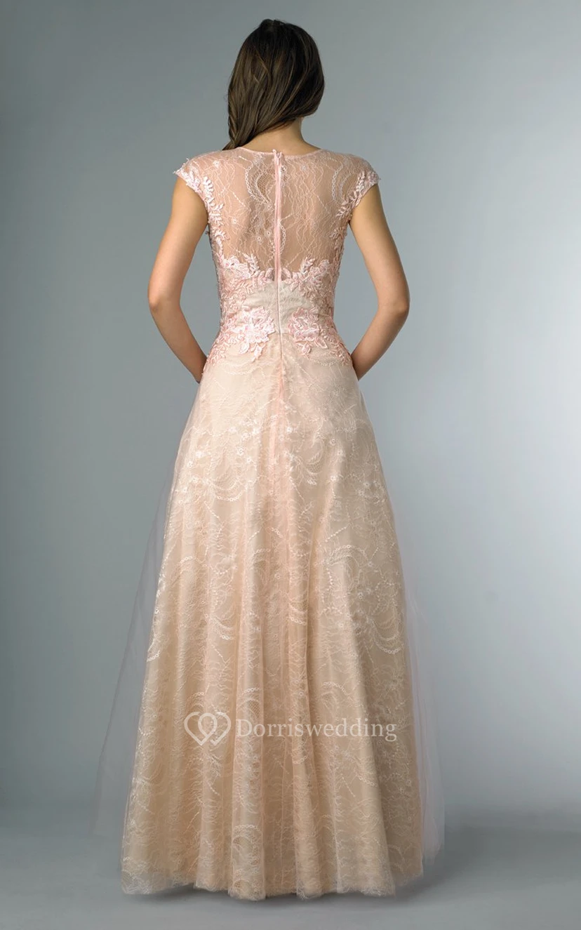 A-line Floor-length High Neck Short Sleeve Lace Illusion Dress view 14