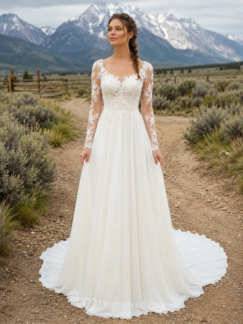 Robe de mariée trapèze en dentelle rustique western à manches longues