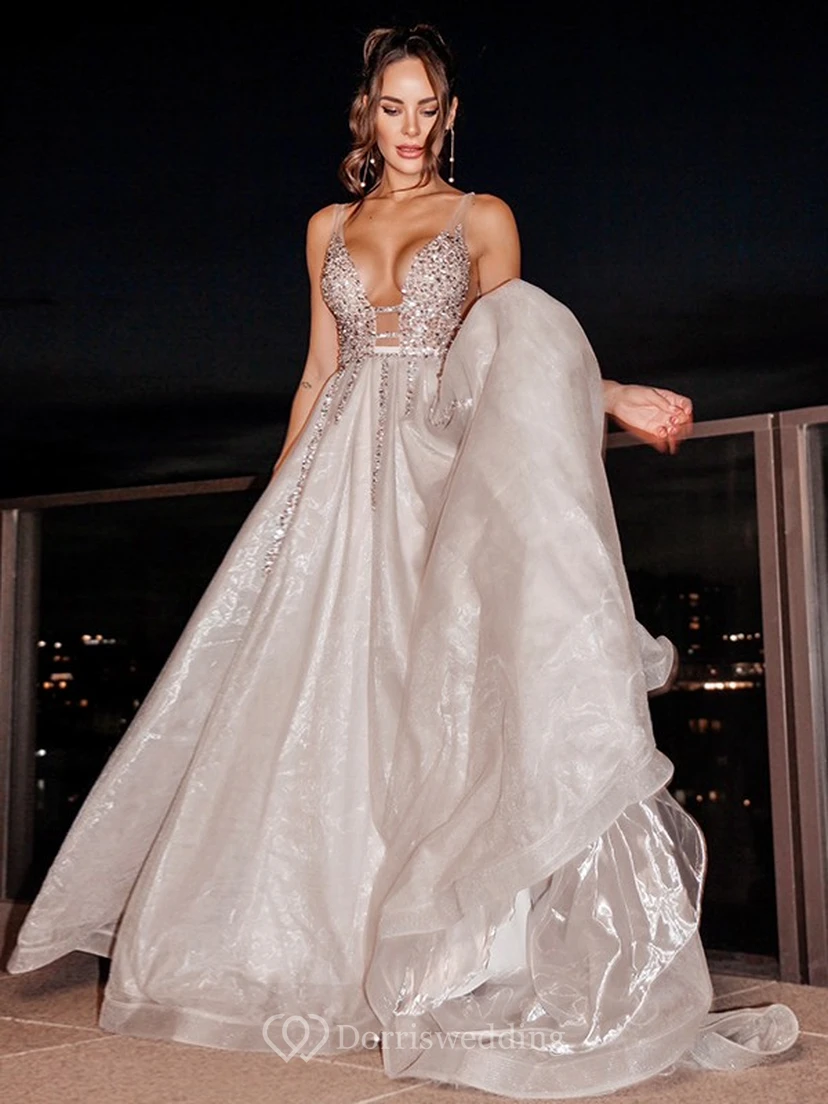 Sexy Sleeveless Silver Empire Prom Low-v Back Dress with Beaded Top view 3