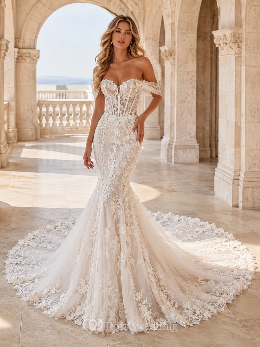 Robe de mariée sirène bustier en dentelle rayonnante, traîne chapelle, ornée d'appliqués floraux, style jardin