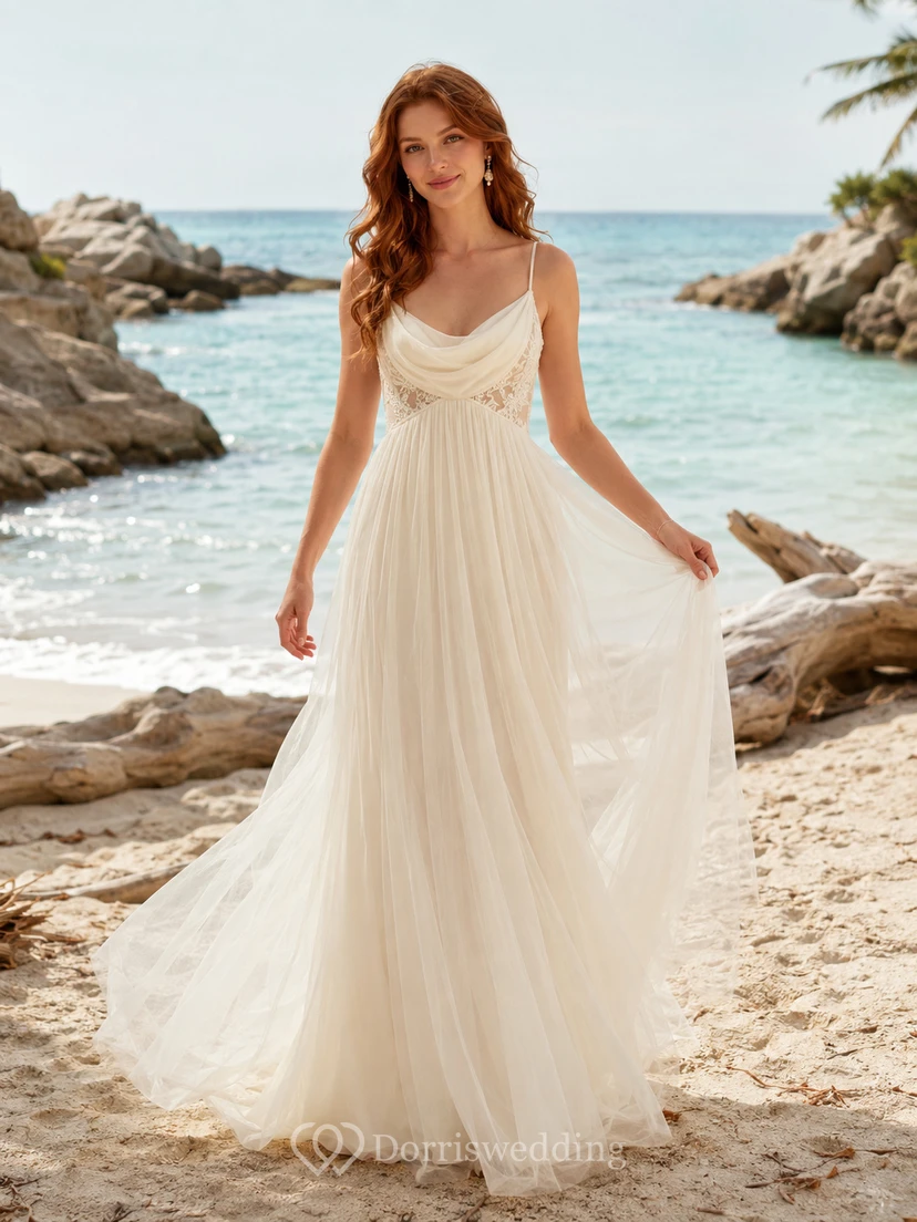 Beach Chiffon Wedding Dress A-Line Spaghetti Strap Floor Length Open Back Bridal Gown