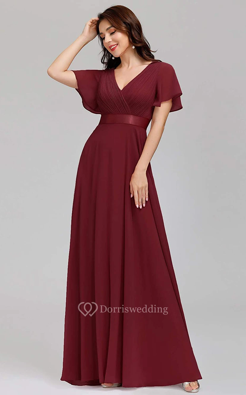 Elegant Chiffon V-neck A Line Short Sleeve Prom Mother Dress With Ruffles view 4