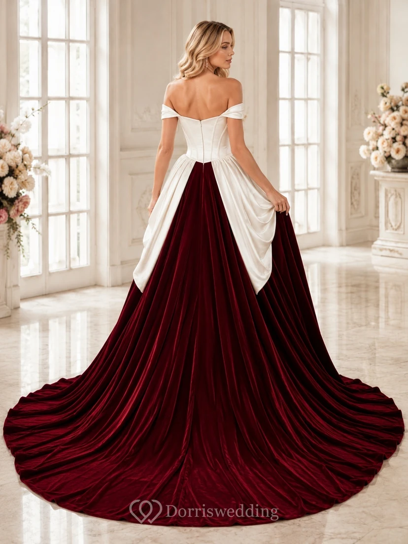 Burgunderrotes Samt-Brautkleid im Ballkleid-Stil, schulterfrei, kurze Ärmel, Schleppe/Bürstenschleppe, luxuriös und elegant view 2