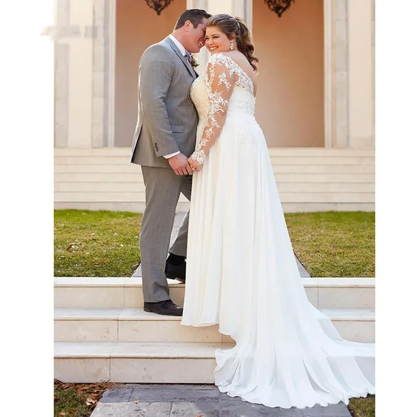 Plus-Size Lace A-Line Wedding Dress with Long Sheer Sleeves view 2