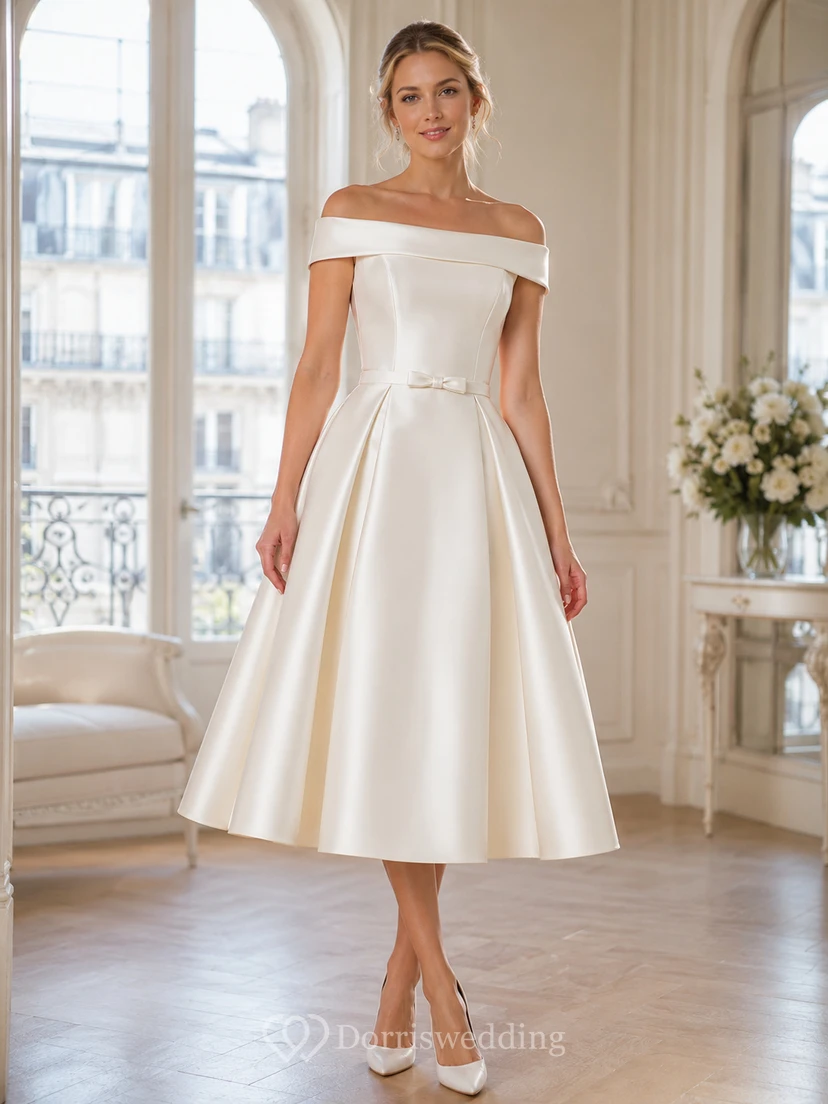 Vestido de recepción nupcial clásico de satén vintage, corte en A, largo hasta la rodilla y hombros descubiertos.
