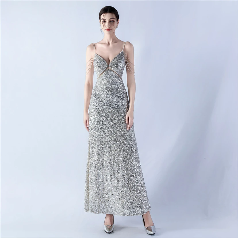 Sling A-Line Large Swing Mesh Sequin Evening Dress view 55