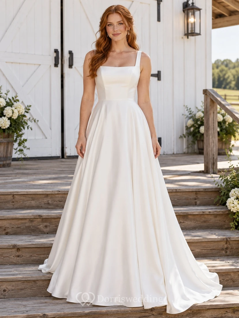 Country Simple Square Neck Satin Sleeveless A-line Train Wedding Dress