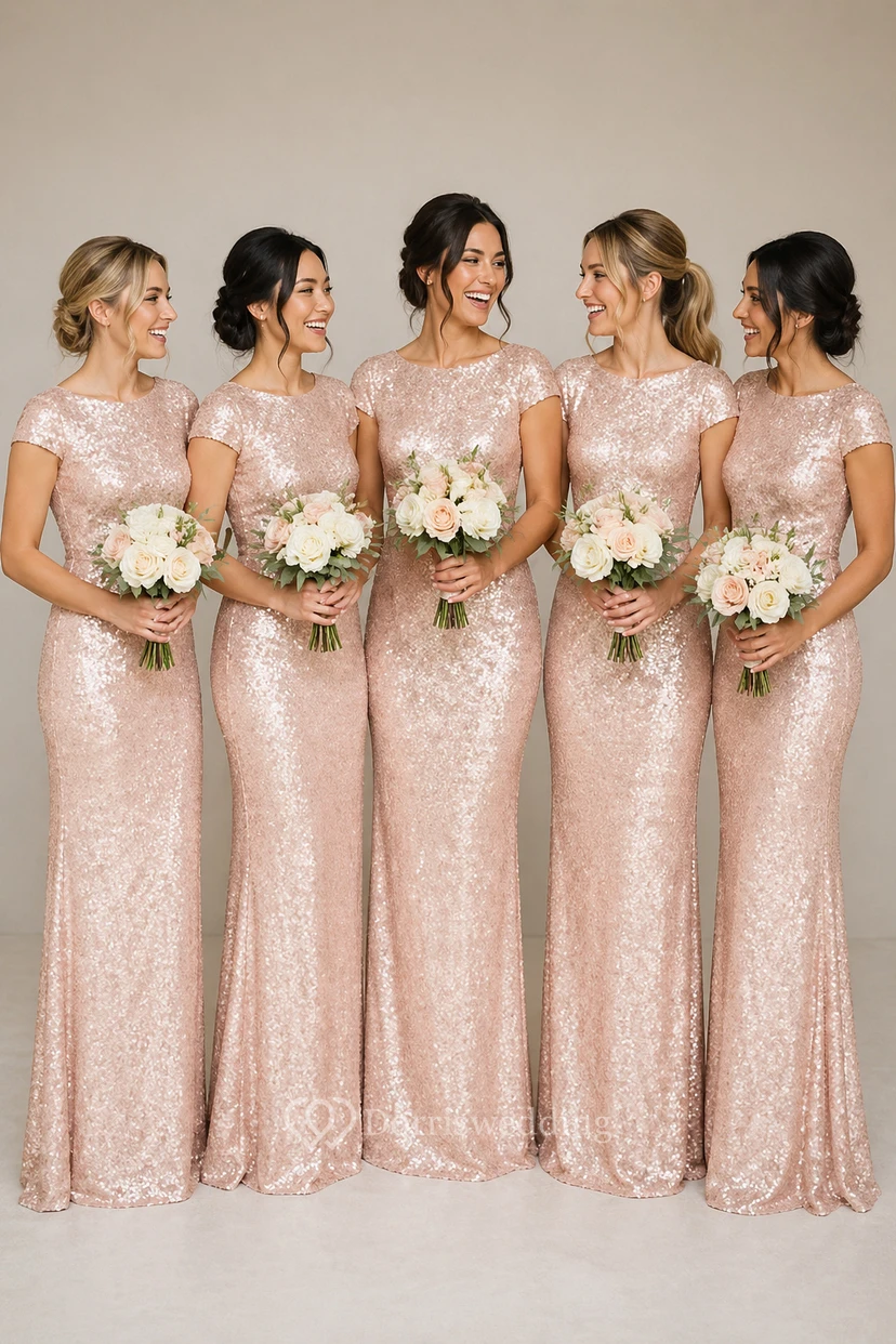 Sequin Gold Bridesmaid Dress | Long Sparkly MOB Glitter Gown with Sleeves view 12