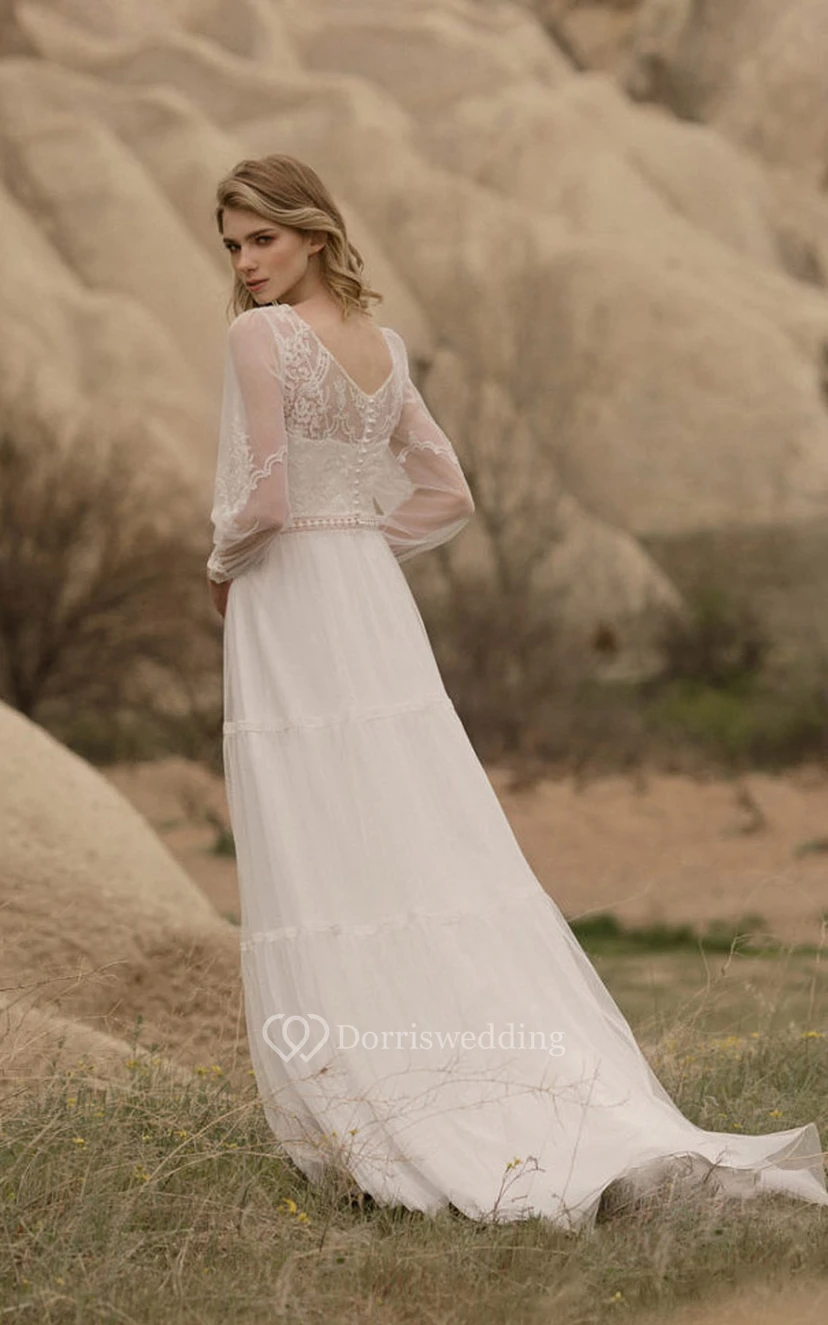 Fließendes 2-in-1-Brautkleid aus Tüll mit V-Ausschnitt, langen Ärmeln und A-Linien-Schnitt sowie Spitzenoberteil view 2