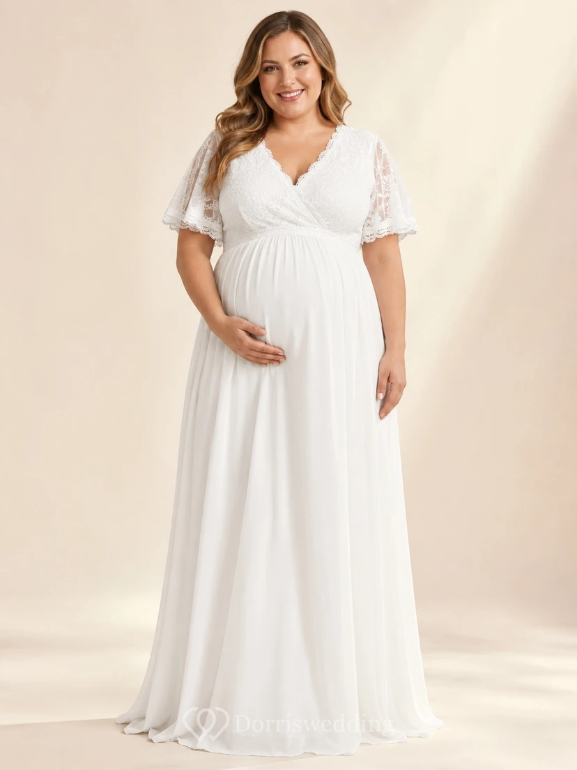 Weißes Umstandskleid aus Chiffon in Empire-Maxigröße mit V-Ausschnitt, kurzen Ärmeln und kurzen Ärmeln in Übergröße