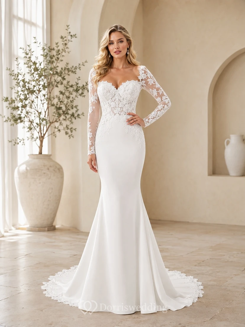 Romantisches Brautkleid aus Spitze mit herzförmigem Herzausschnitt, langen Ärmeln, Meerjungfrauen-Schleppe und Schleppe