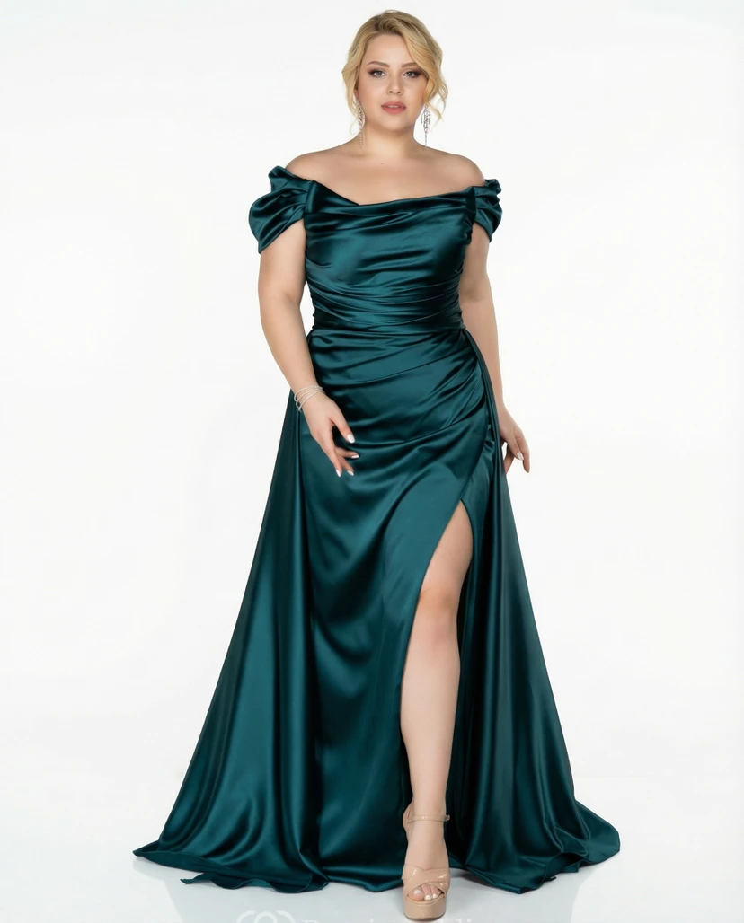 Plus Size Satin-Abendkleid in A-Linie mit Schlitz vorne