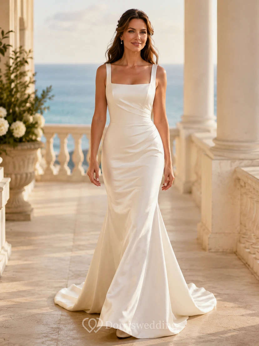 Vestido de novia moderno de satén con escote cuadrado, corte recto, sin mangas y cola larga.