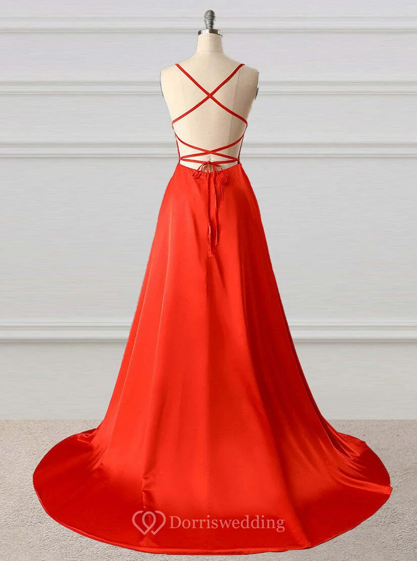 Simple Satin Spaghetti A-line Dress with Sweep Train view 10