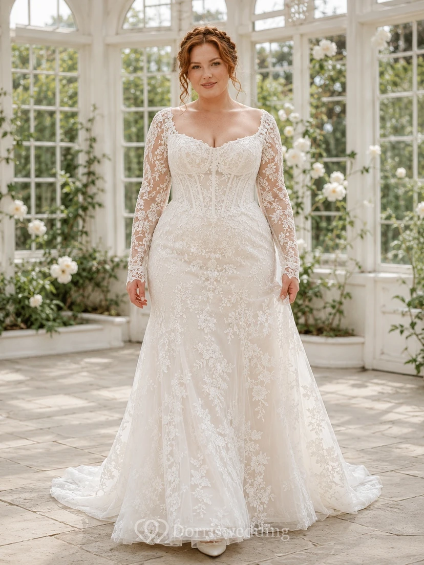 Plus Size Langarm-Spitzenkleid im Meerjungfrauenstil mit eckigem Ausschnitt, Meerjungfrauen-Schnitt und dezentem Vintage-Stil