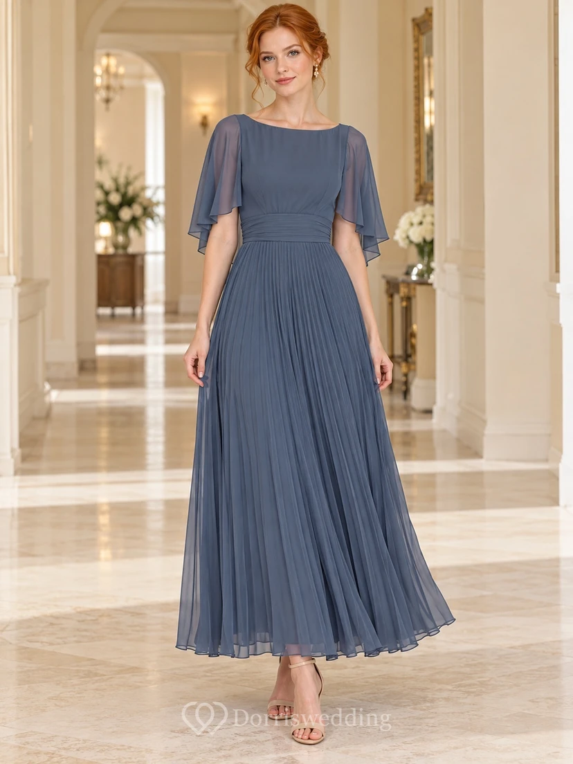 Slate Blue Modest Bateau Cape Sleeve Pleated Long Guest Dress