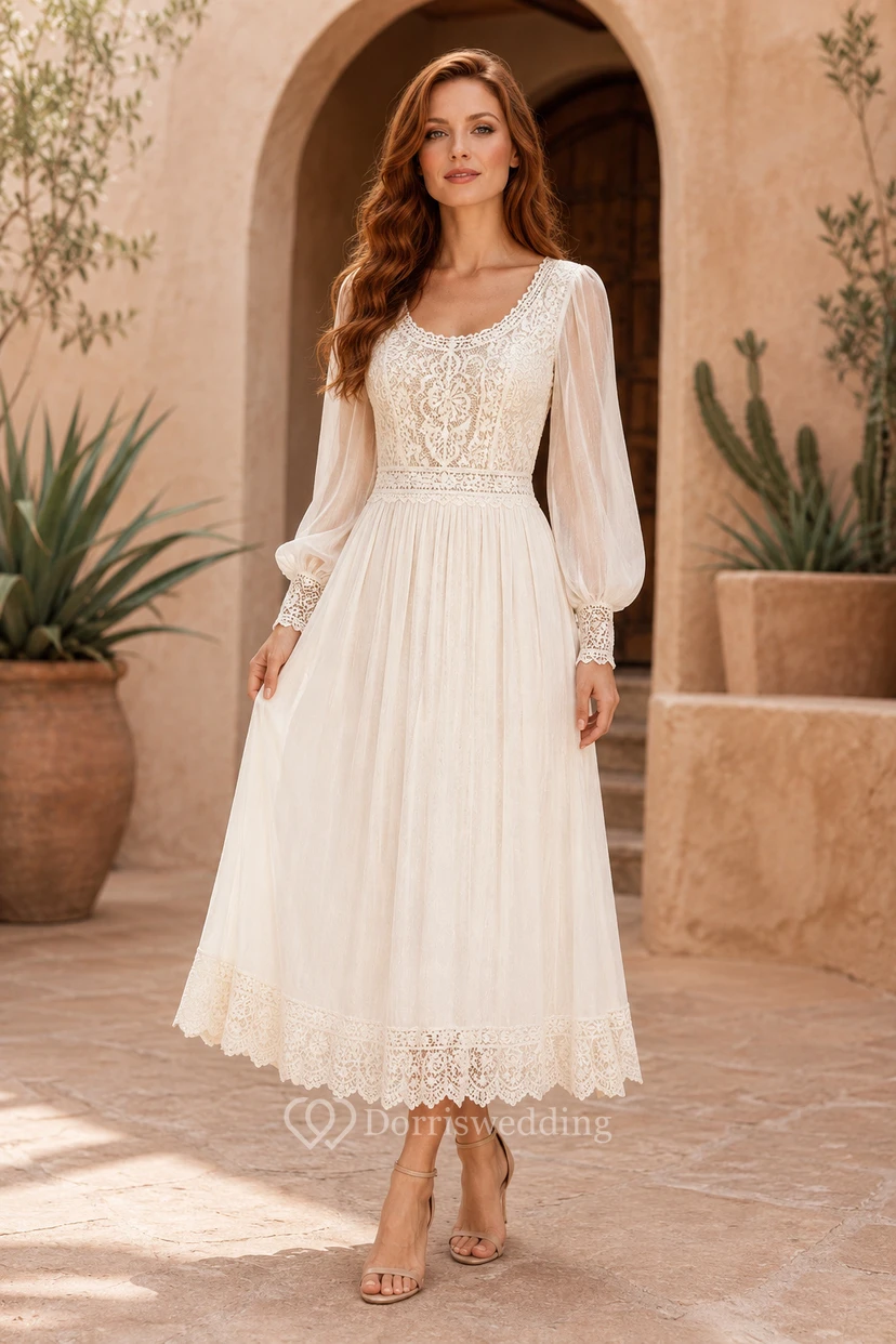 Robe de mariée en dentelle à manches longues, longueur thé, col rond et jupe fluide