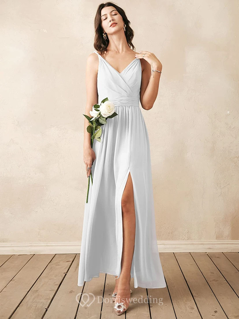 Romantic V-neck A Line Sleeveless Ankle-length Chiffon Bridesmaid Dress With Ruching view 16