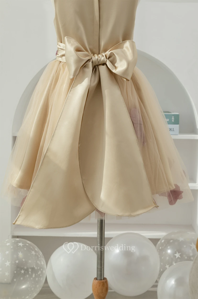 Two-Tone Satin A-line Short Tulle Floral Flowergirl Dress with Petals view 8
