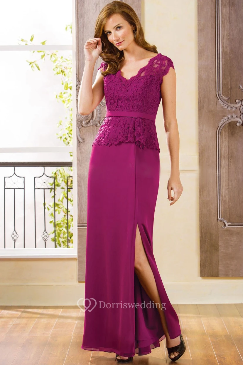 Cap-Sleeved V-Neck Long Peplum Style Mother Of The Bride Dress With Lace