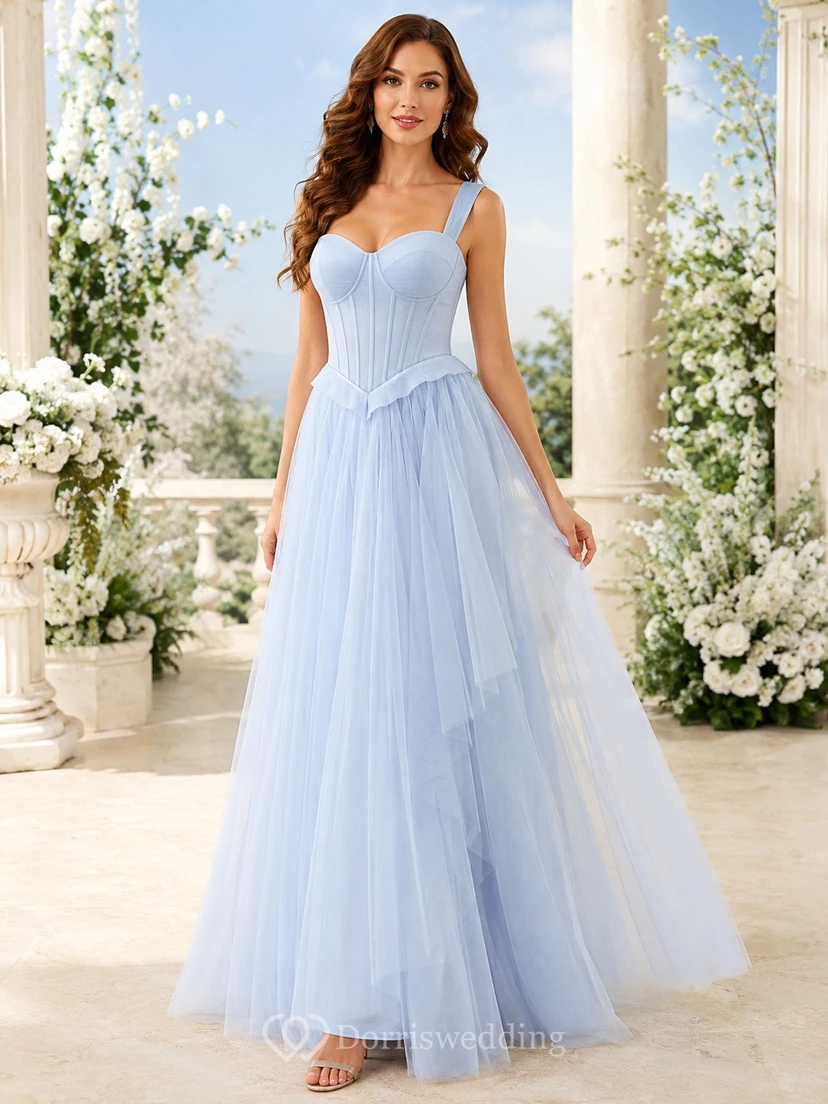 Vestido de novia bohemio largo hasta el suelo, de gasa, corte A, sin mangas, con tirantes azul cielo